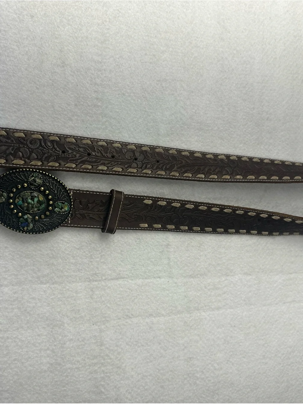 Brown Western Embossed Leather Belt with Decorative Oval Buckle